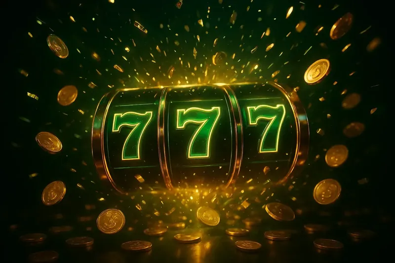 Glowing slot reels with massive win, coins and confetti bursting outward