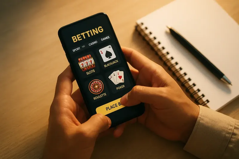 Man's hands using phone with betting app on desk
